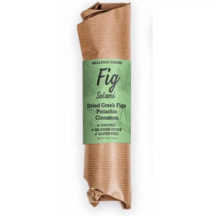 Hellenic Farms Fig Salami made from dried Greek figs, pistachio, and cinnamon, vegan and gluten free snack.