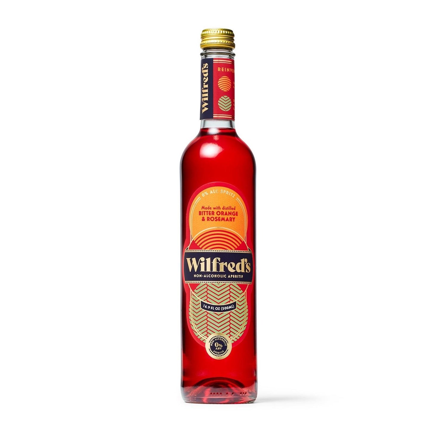 Bottle of Wilfred's Aperitif non-alcoholic drink with bitter orange and rosemary botanicals on a white background