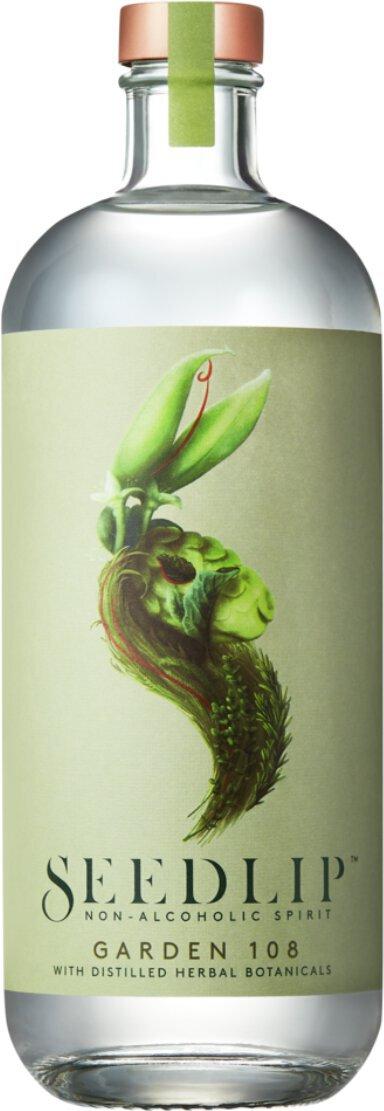 Seedlip Garden 108 non-alcoholic spirit bottle with herbal botanical design and copper cap on white background