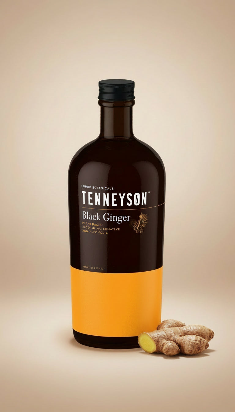 Bottle of Tenneyson Black Ginger non-alcoholic botanical spirit with a yellow label and fresh green leaves beside it