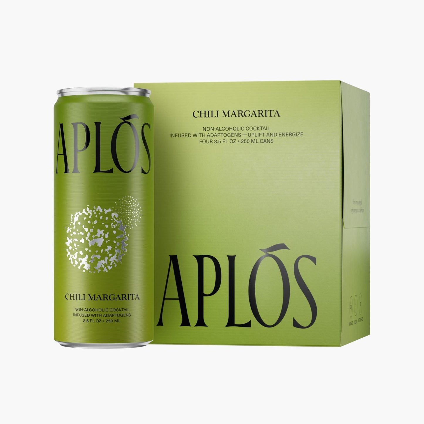 Aplos Chili Margarita 4-pack with non-alcoholic sparkling cocktail infused with adaptogens and nootropics in green cans.