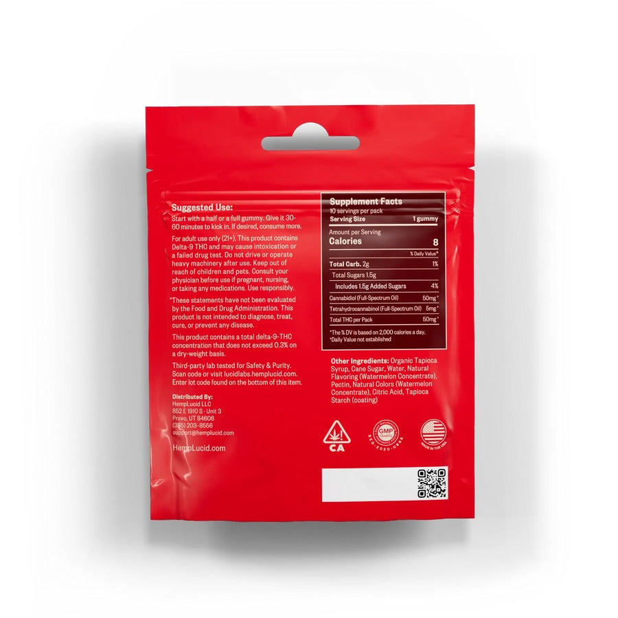 HempLucid Delta 9 THC 5mg + CBD 50mg Gummies 10 count -Watermelon