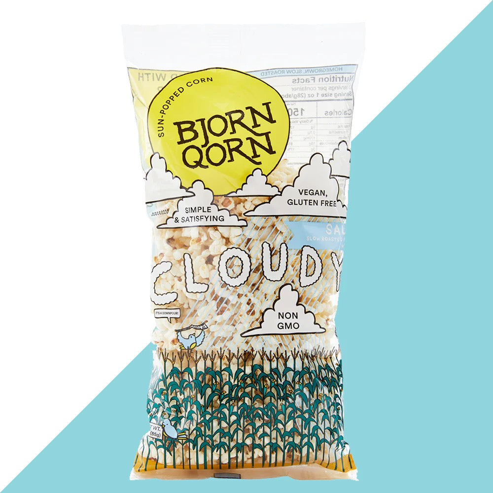 Bag of Bjorn Qorn Cloudy Popcorn, sun-popped, non-GMO, vegan, gluten-free, crunchy and lightly salted snack.