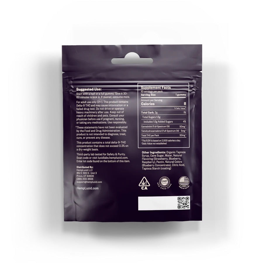 HempLucid Delta 9 THC 5mg + CBD 50mg Gummies 10 count - Mixed Berry