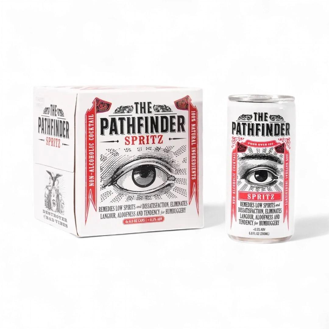 The Pathfinder Spritz non-alcoholic cocktail can with matching 4-pack box featuring distinctive eye design.