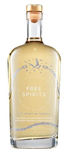 Clear glass bottle of Free Spirits non-alcoholic tequila alternative with gold cap and subtle bird design on label