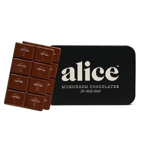 Alice Chocolates Nightcap mushroom chocolate bars next to black tin packaging for deep sleep aid.