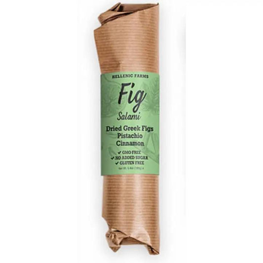 Hellenic Farms Fig Salami made from dried Greek figs, pistachio, and cinnamon, vegan and gluten free snack.