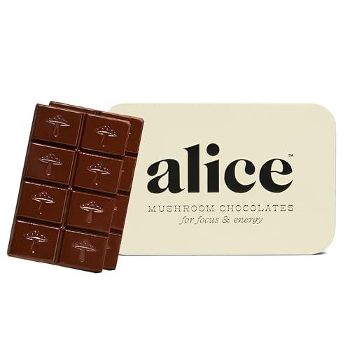Alice Chocolates Brainstorm mushroom chocolates bar with focus and energy, next to branded tin box packaging