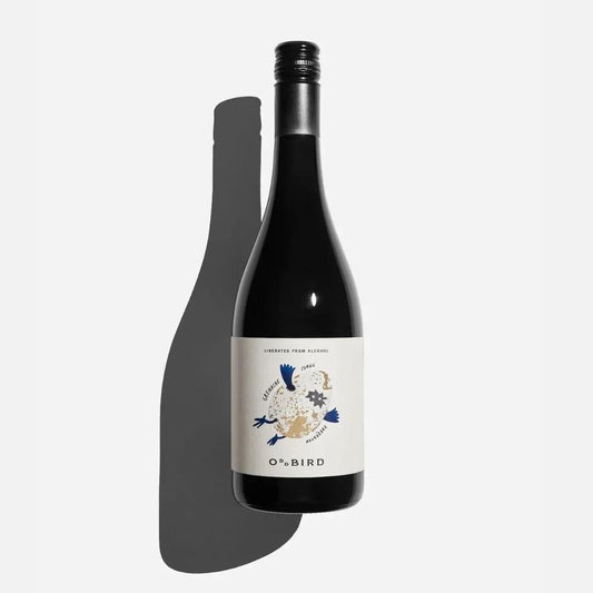 Bottle of Oddbird GSM non-alcoholic red wine from South of France with artistic label and shadow on white background