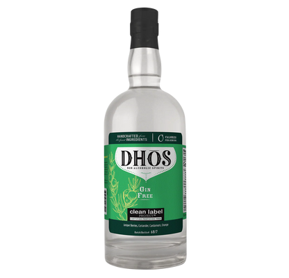 Bottle of Dhos gin on a white background