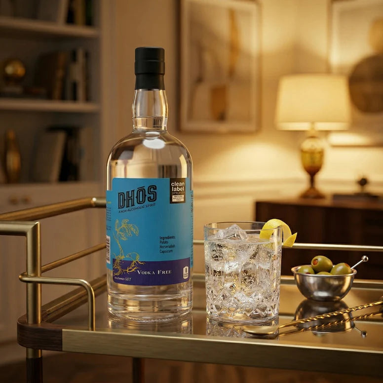Bottle of DHOS vodka on a bar with a cocktail and garnishes