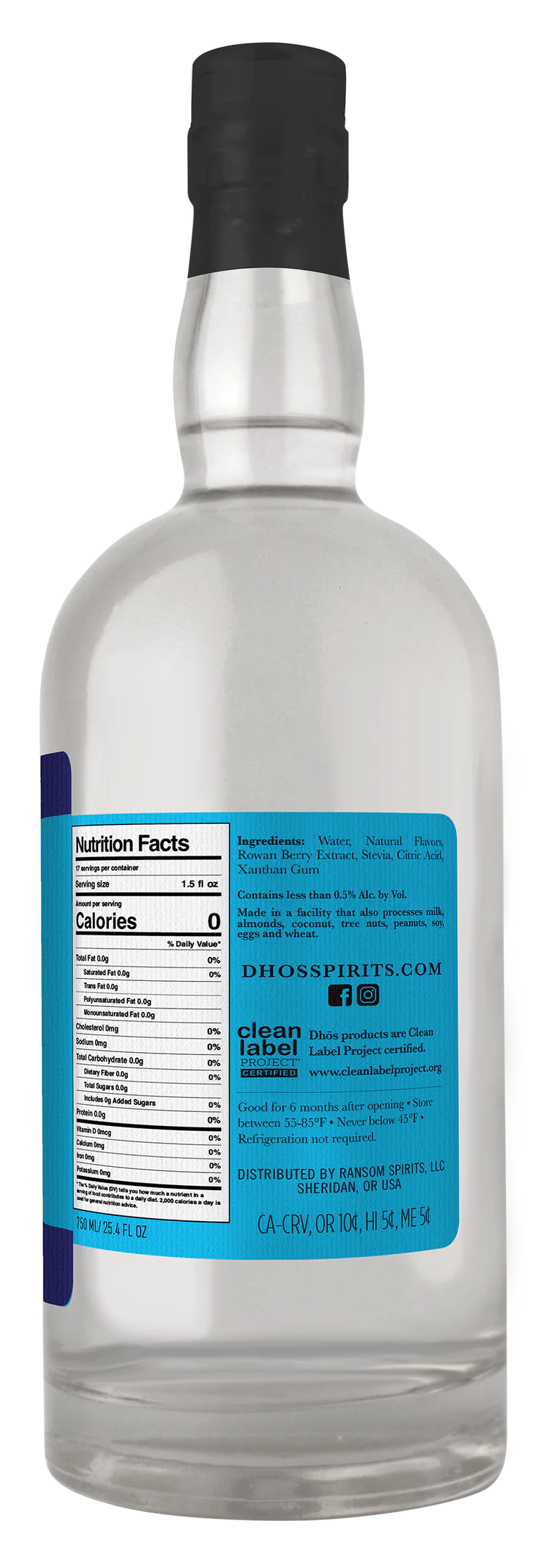 Bottle of Dhos Vodka Free with a nutrition label on a white background