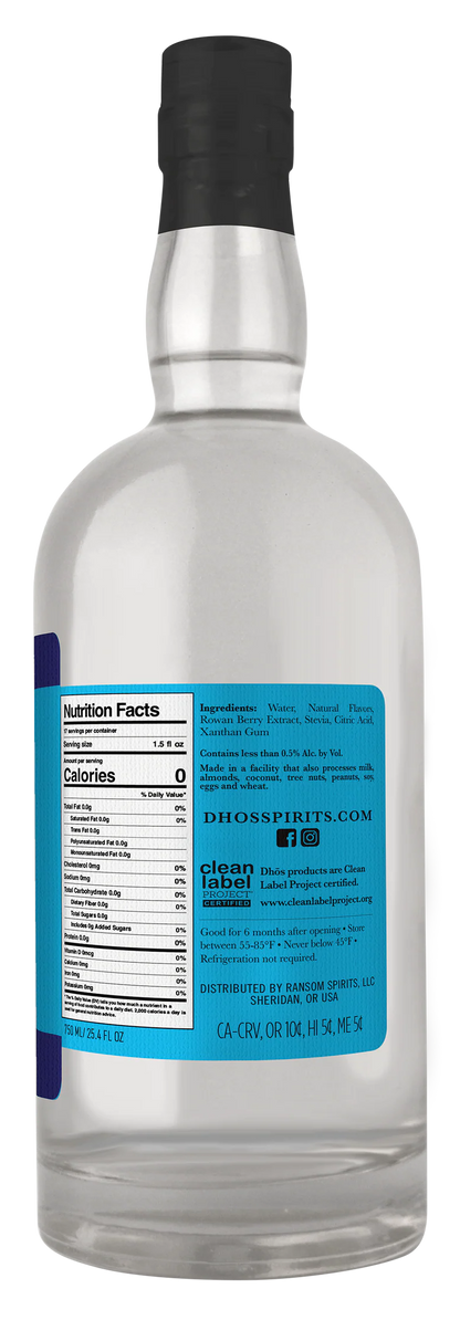 Bottle of Dhos Vodka Free with a nutrition label on a white background