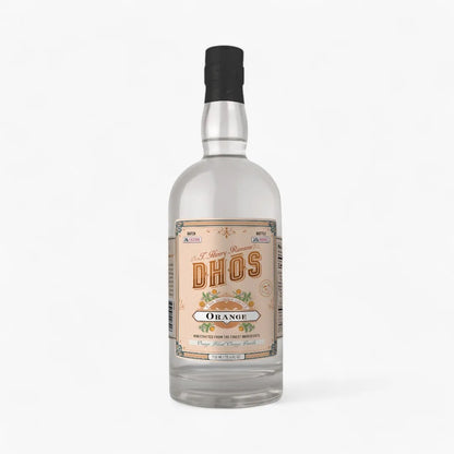 Clear glass bottle of Dhōs Orange non-alcoholic liqueur with vintage-style label and black cap on white background