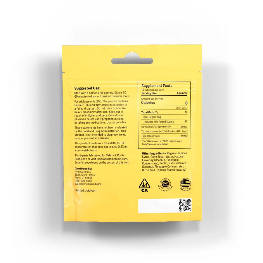 HempLucid Delta 9 THC 5mg + CBD 50mg Gummies 10 count - Piña Colada