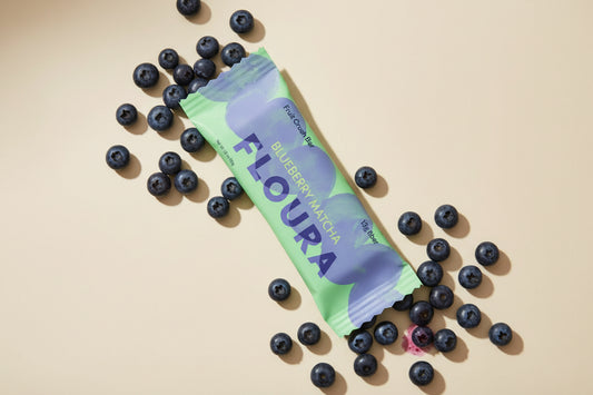 Blueberry Matcha fruit crush bar packaging with green and purple design on a white background