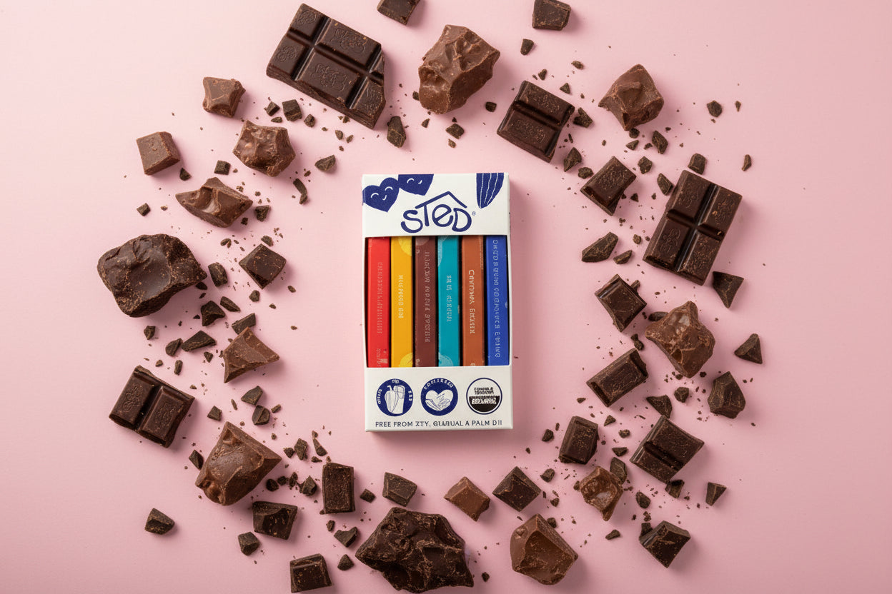 Set of colorful mini chocolate bars in a white packaging with branding on a white background