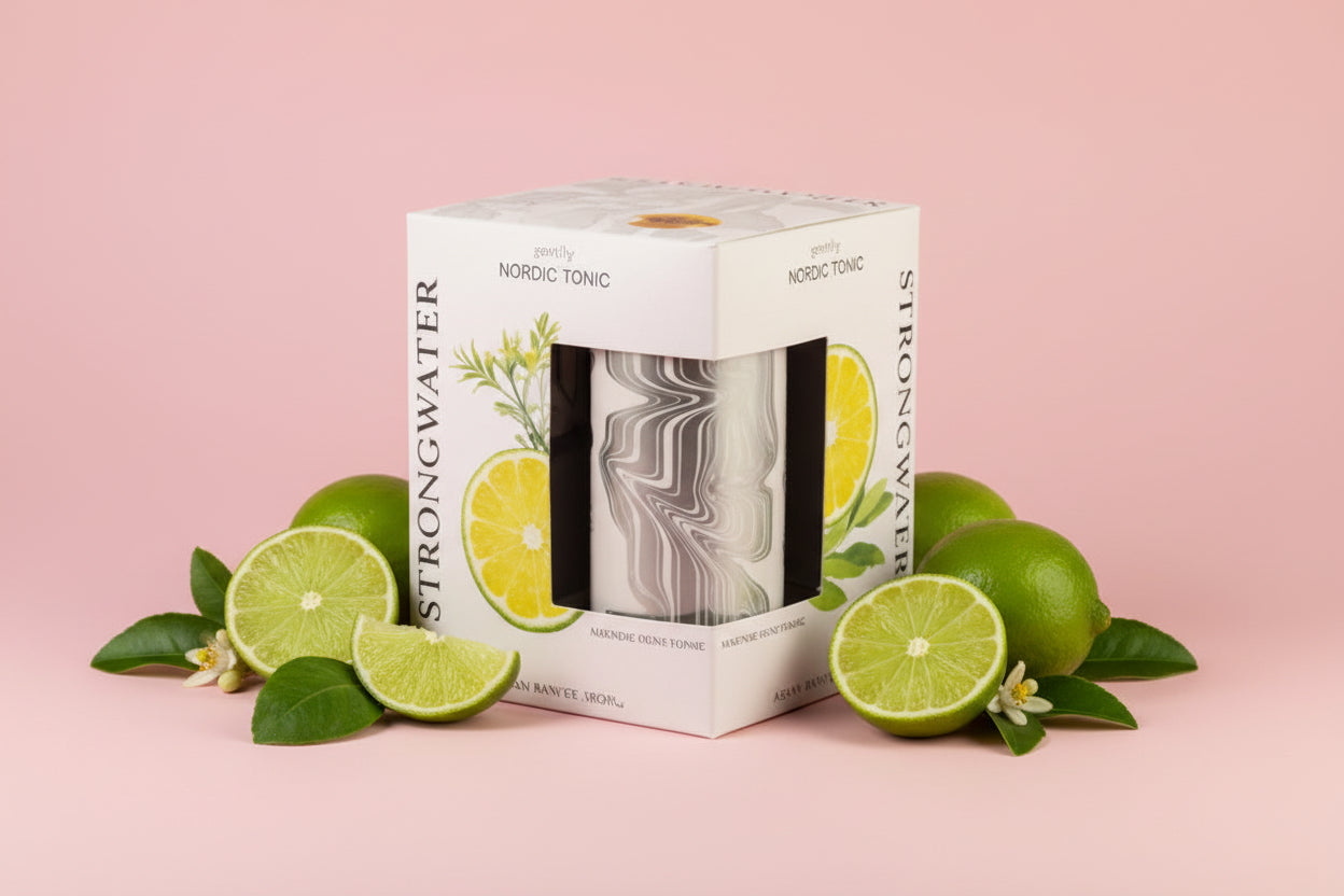 Strongwater Nordic Tonic Water packaging with lemon graphics on a white background