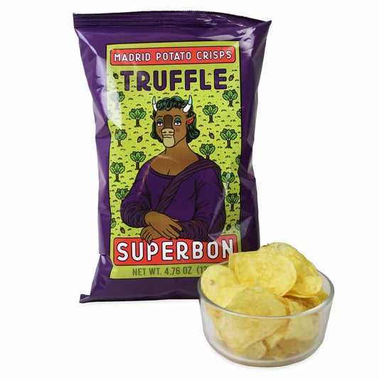 Truffle potato crisps packaging with a bowl of chips on a white background