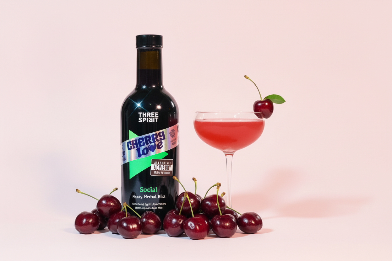 Bottle of Three Spirit Cherry Love with colorful label on a white background