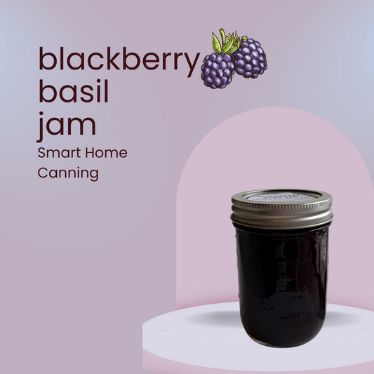 Jar of Smart Home Canning Blackberry Basil Jam on a pastel purple and pink background with illustrated blackberries and text.