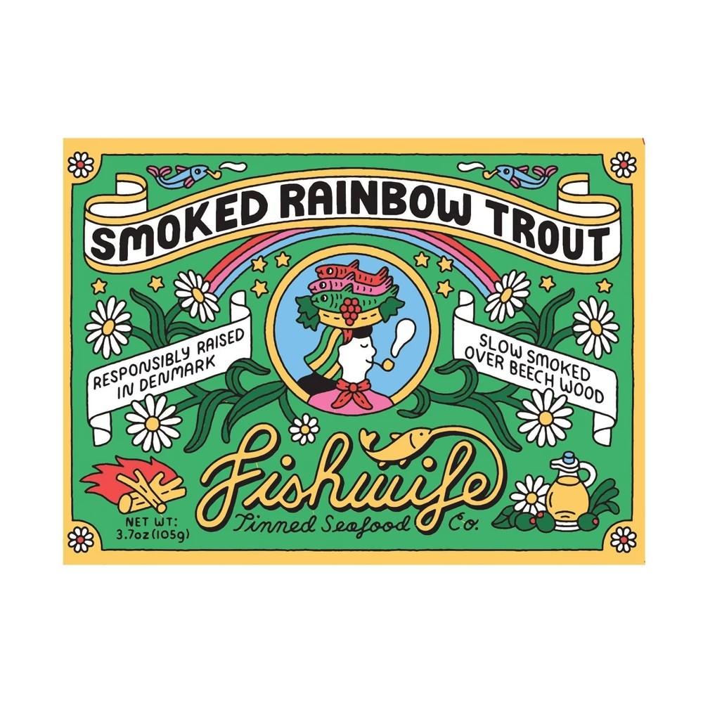 Colorful Fishwife Smoked Rainbow Trout label with vintage design, flowers, and text about sustainable smoking and raising methods