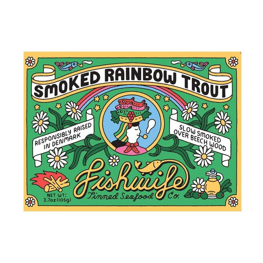Colorful Fishwife Smoked Rainbow Trout label with vintage design, flowers, and text about sustainable smoking and raising methods