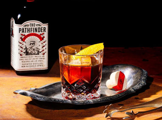 Crystal glass with a non-alcoholic Pathfinder spirit drink garnished with a lemon twist on an ornate silver tray next to a bottle and heart-shaped sugar cube