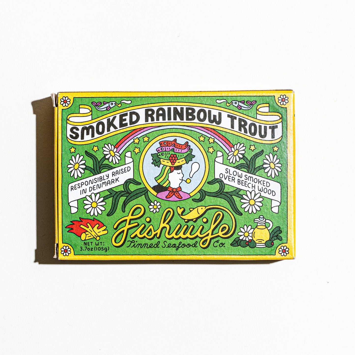 Packaging of smoked rainbow trout from Fishwife Tinned Seafood Co on a white background