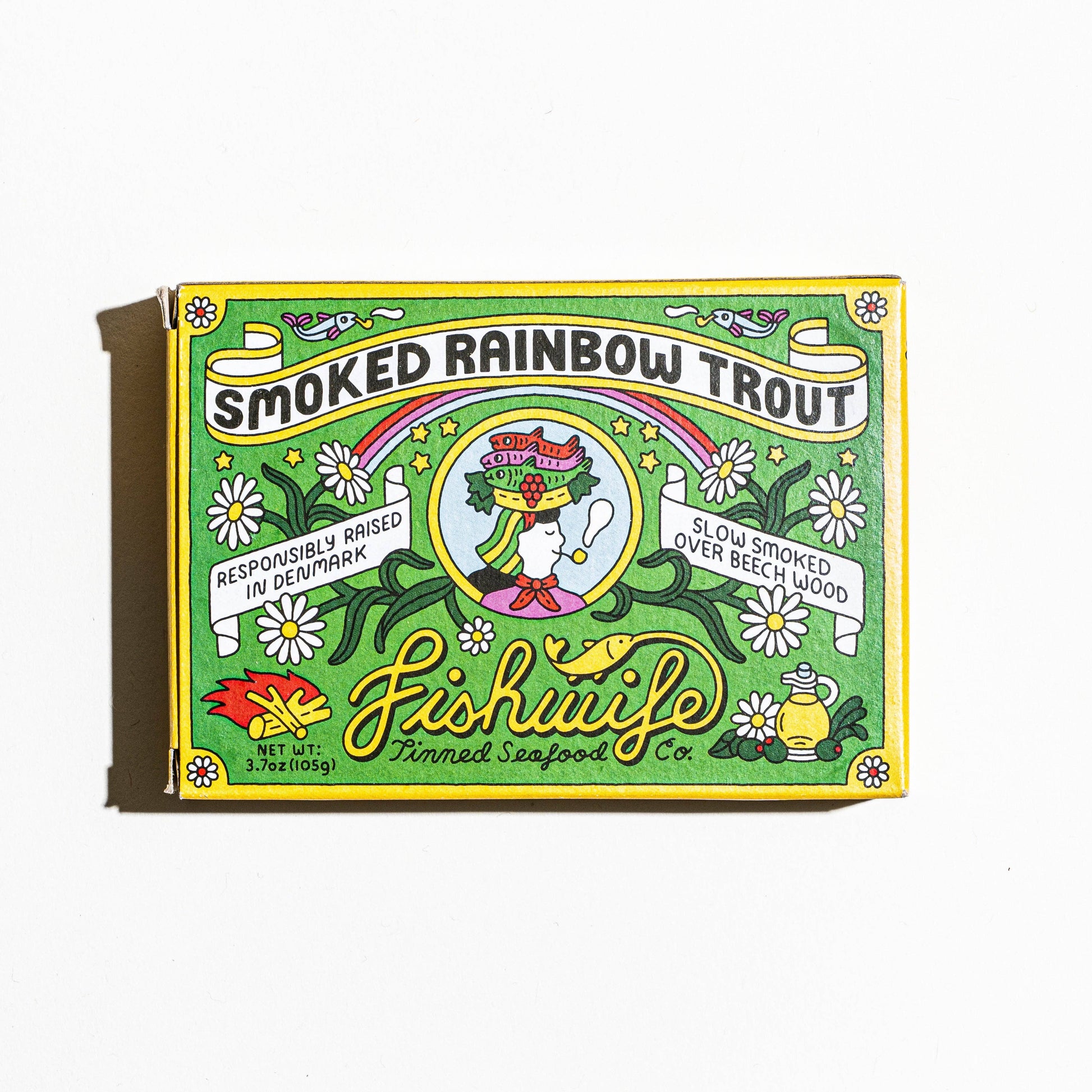 Packaging of smoked rainbow trout from Fishwife Tinned Seafood Co on a white background