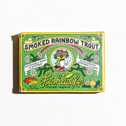 Packaging of smoked rainbow trout from Fishwife Tinned Seafood Co on a white background